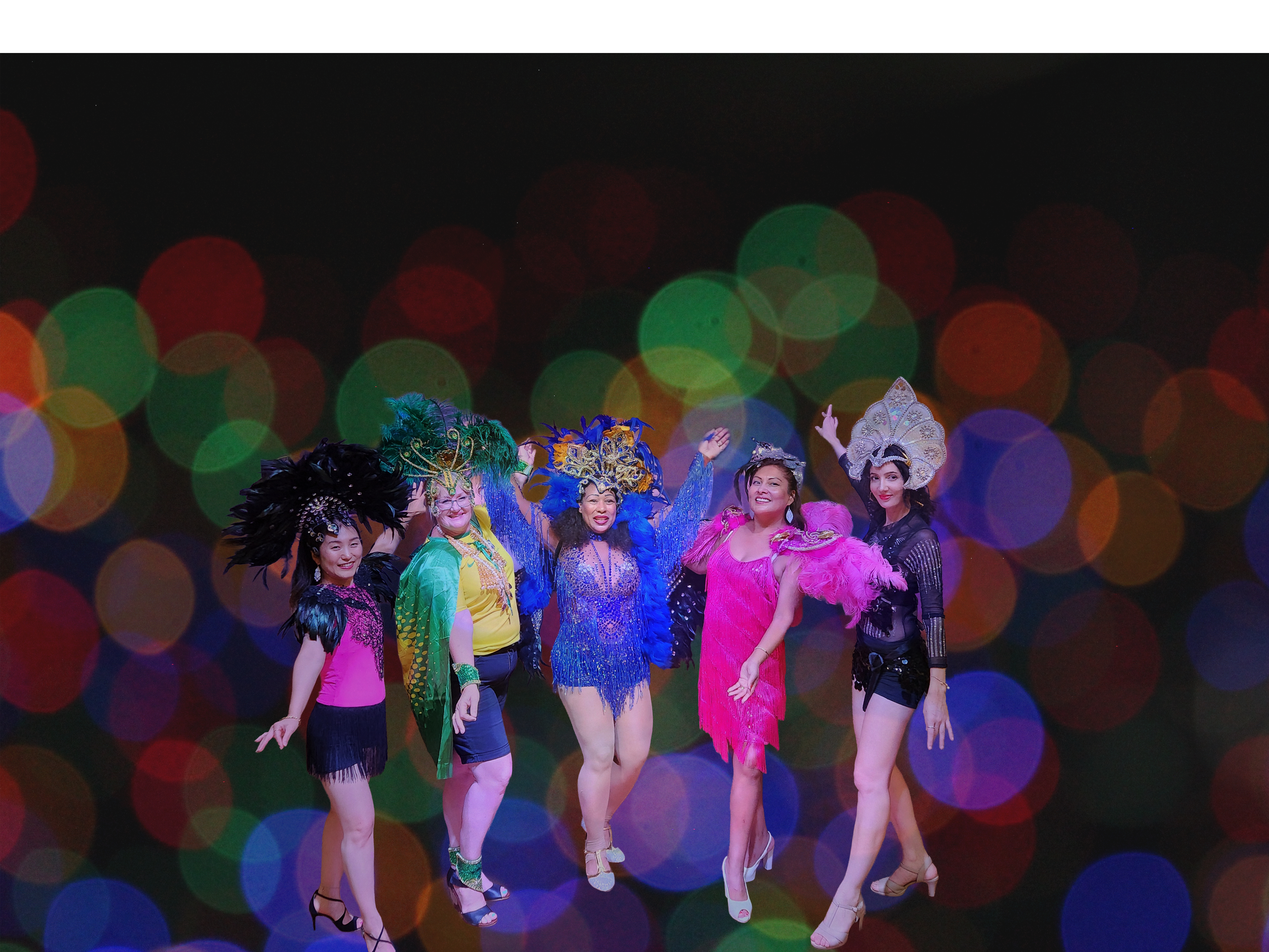 Parkes Multicultural Dinner – five performers in vibrant feathered costumes, a celebration of diversity